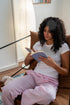 Women summer pajama set Off White T-shirt + Pink X White Stripes  Pants